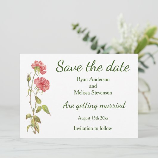 Roze anjers waterverf Flat Save the Date Card (Staand voorkant)