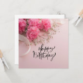Roze anjnenbloem Happy Birthday Kaart (Voorkant / Achterkant in situ)