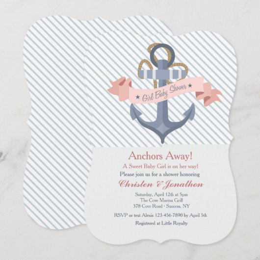Roze Anker Banner Baby shower Uitnodiging (Voorkant / Achterkant)