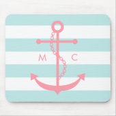 Roze anker en monogram op mintstripes muismat (Voorkant)