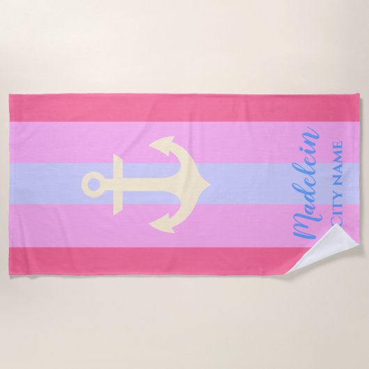 Roze anker Moderne Nautical Stripes Aangepaste naa Strandlaken (Voorkant)