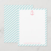 Roze anker op mint gestreepte monogram notitiekaar kaart (Voorkant / Achterkant)