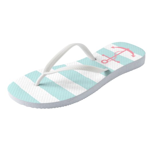 Roze anker op mint Stripes Teenslippers (Schuin)