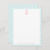 Roze anker op mintgroene gestreepte monogram notit kaart (Voorkant / Achterkant)