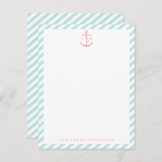 Roze anker op mintgroene gestreepte monogram notit kaart (Voorkant / Achterkant)