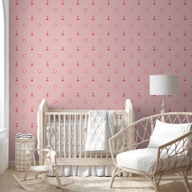 Roze Anker Scheepswiel Nautiluspatroon Behang (Kinderen)
