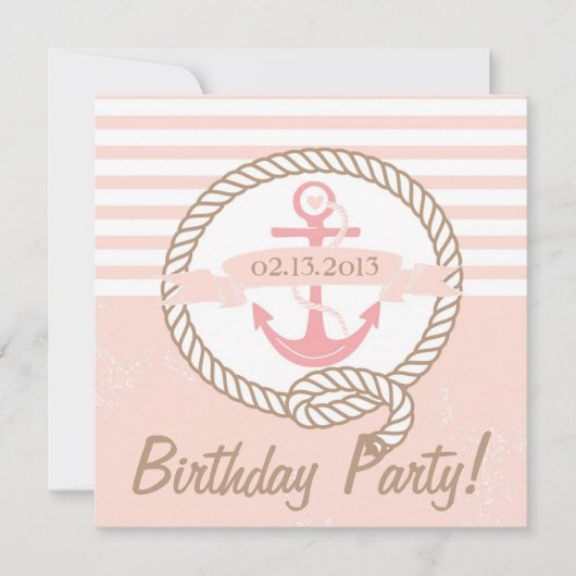 Roze ankerstrips Nautical Birthday Invitation Kaart (Voorkant)