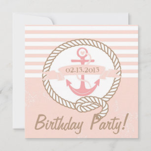 Roze ankerstrips Nautical Birthday Invitation Kaart