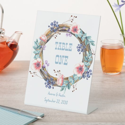 Roze annemonen en blauwe bosbessen Tabletop Reclamebord Met Voetstuk (Insitu)