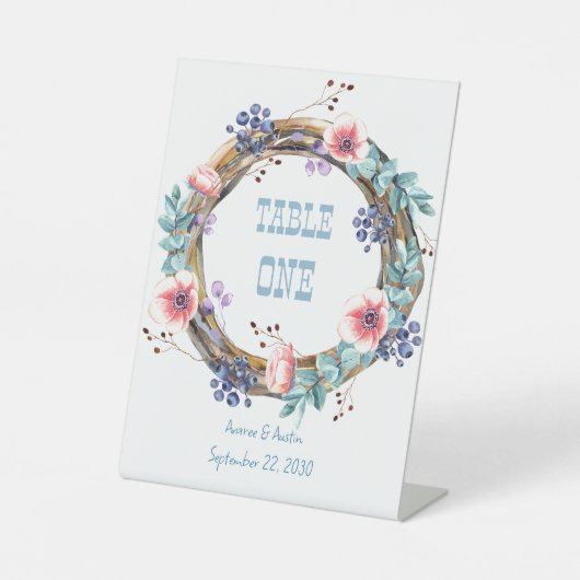 Roze annemonen en blauwe bosbessen Tabletop Reclamebord Met Voetstuk (Voorkant)