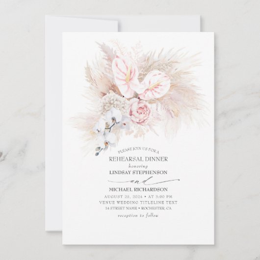 Roze Anthurium en Pampas gras repetitie diner Kaart (Voorkant)