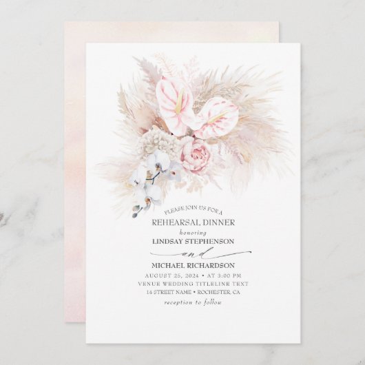 Roze Anthurium en Pampas gras repetitie diner Kaart (Voorkant / Achterkant)