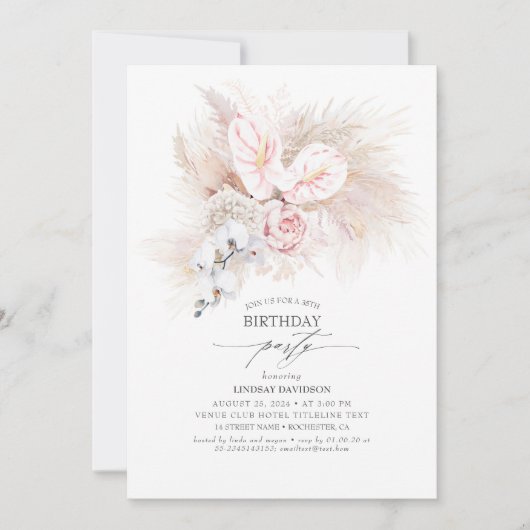 Roze Anthurium en Pampas Gras Verjaardagsfeest Kaart (Voorkant)