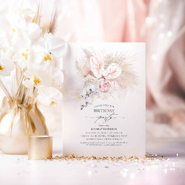 Roze Anthurium en Pampas Gras Verjaardagsfeest Kaart