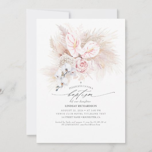 Roze Anthurium en Pampas Grass Floral Baptisme Kaart (Voorkant)