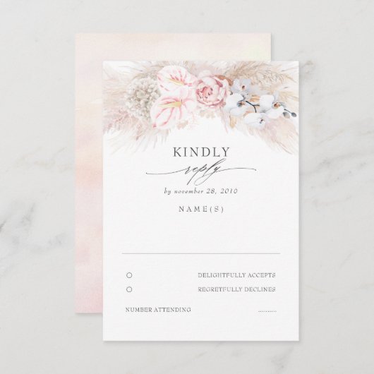 Roze Anthuriums en Pampas Grass Bruiloft RSVP (Voorkant / Achterkant)