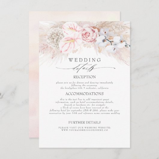 Roze Anthuriums Pampas Gras Bruiloft Informatie Informatiekaartje (Voorkant / Achterkant)