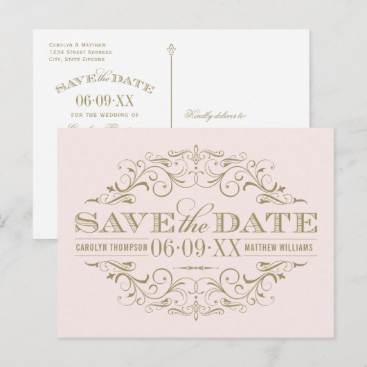 Roze Antiek Bloei Save the Date Aankondigingskaart (Voorkant / Achterkant)