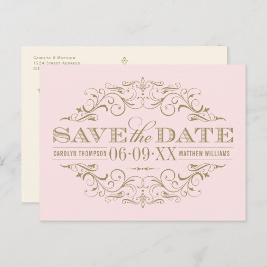 Roze Antiek Bloei Save the Date Aankondigingskaart (Voorkant / Achterkant)
