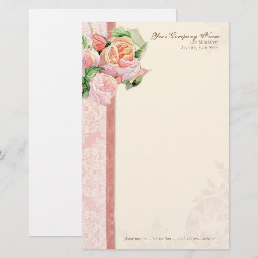 Roze Antiek  Elegant Lavish Franse Rozen Briefpapier (Voorkant / Achterkant)
