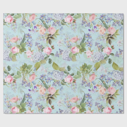 Roze Antiek Redouté Rozen Boeketten op blauw Cadeaupapier (Vlak)