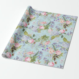 Roze Antiek Redouté Rozen Boeketten op blauw Cadeaupapier