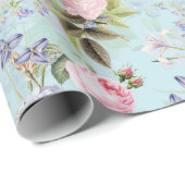 Roze Antiek Redouté Rozen Boeketten op blauw Cadeaupapier (Rol Hoek)