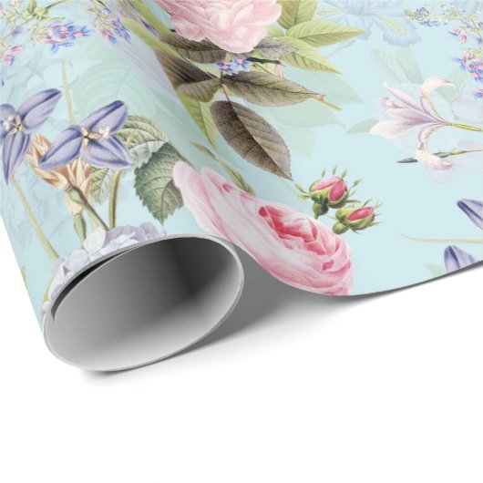 Roze Antiek Redouté Rozen Boeketten op blauw Cadeaupapier (Rol Hoek)