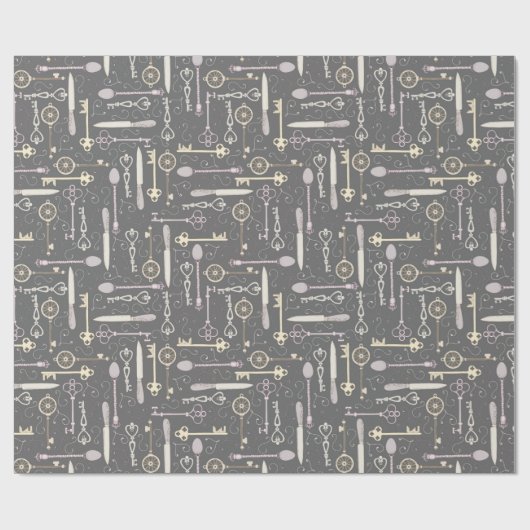 Roze Antiek  Spoons en Sleutels op grijs Cadeaupapier (Vlak)