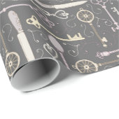 Roze Antiek  Spoons en Sleutels op grijs Cadeaupapier (Rol Hoek)