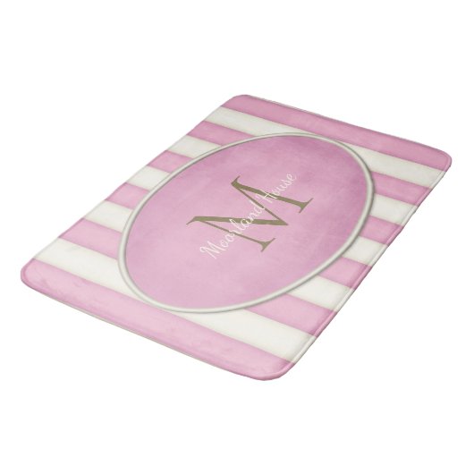 Roze & Antiek Witte Strepen Brons Monogram Badmat (Gekanteld)