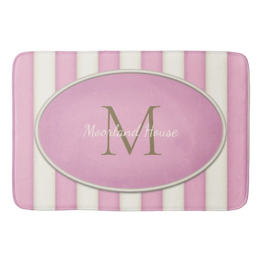 Roze & Antiek Witte Strepen Brons Monogram Badmat (Voorkant)