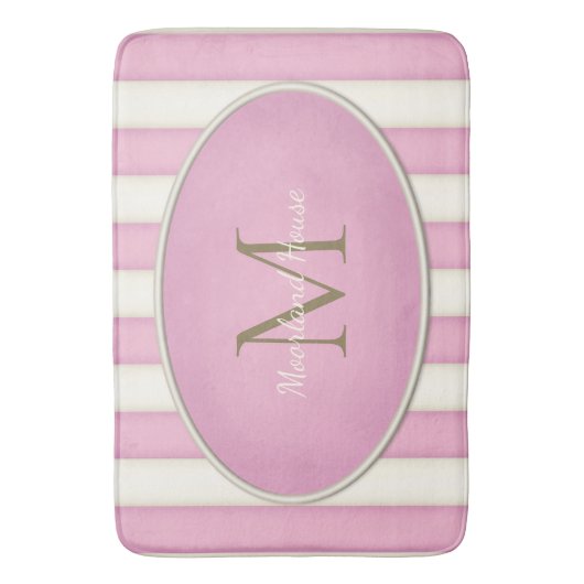 Roze & Antiek Witte Strepen Brons Monogram Badmat (Voorkant Verticaal)