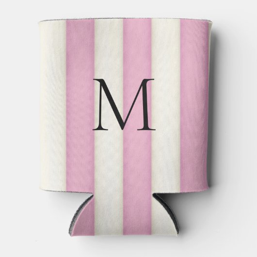Roze & Antiek Witte Strepen Monogrammed Blikjeskoeler (Voorkant)