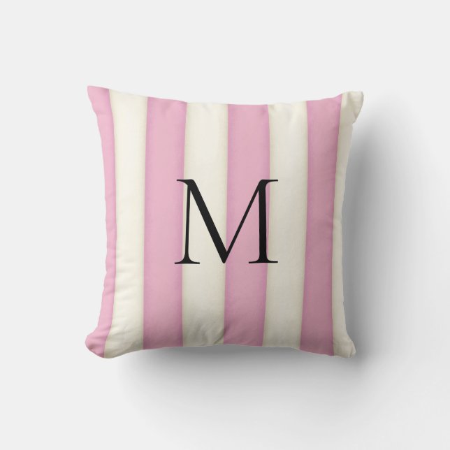 Roze & Antiek Witte Strepen Monogrammed Kussen (Voorkant)