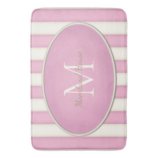 Roze & Antiek Witte Strepen Ovaal Ingelijst Monogr Badmat (Voorkant Verticaal)