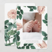 Roze Antieke Roos Foto Kaart Geboorteaankondiging (Voorkant / Achterkant)