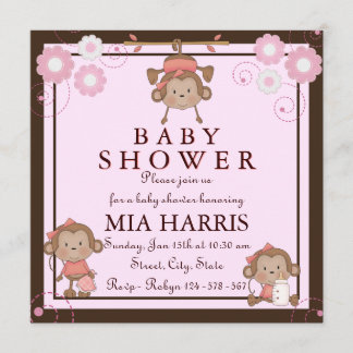 Roze Apen Baby Shower Uitnodiging