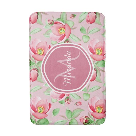 Roze appel bloesem met monogram badmat (Voorkant Verticaal)