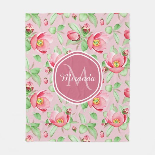 Roze appel bloesem met monogram fleece deken (Voorkant)