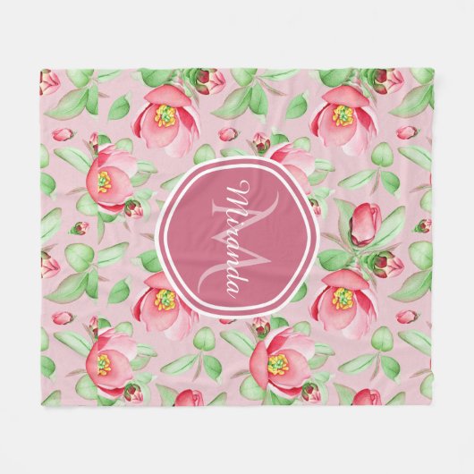 Roze appel bloesem met monogram fleece deken (Voorkant (Horizontaal))