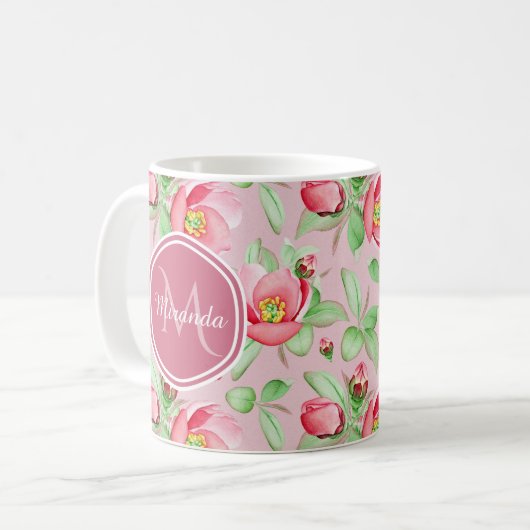 Roze appel bloesem met monogram koffiemok (Voorkant links)