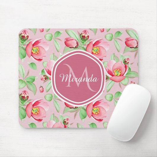 Roze appel bloesem met monogram muismat (Met muis)