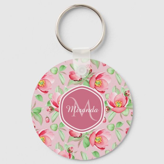 Roze appel bloesem met monogram sleutelhanger (Voorkant)