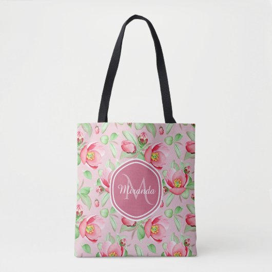Roze appel bloesem met monogram tote bag (Voorkant)