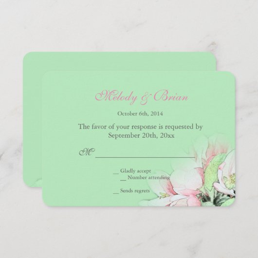 Roze appelbloemen in de groene rsvp bruiloft (Voorkant / Achterkant)