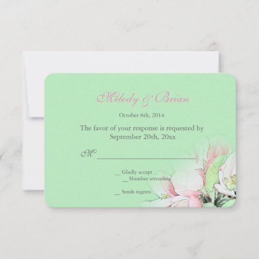 Roze appelbloemen in de groene rsvp bruiloft kaartje (Voorkant)