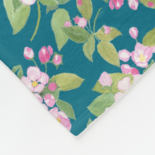 Roze appelbloesem bloemmotief op donkerblauw fleece deken (Hoek)