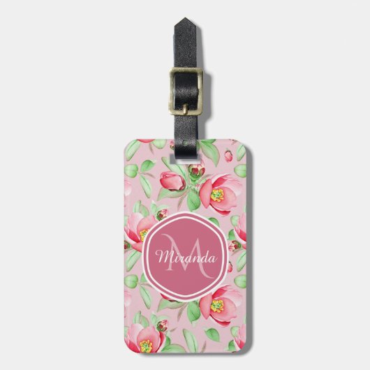 Roze Appelbloesem Monogram Bagagelabel (Voorkant verticaal)