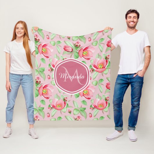 Roze Appelbloesem Monogram Fleece Deken (In situ)